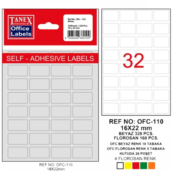 Tanex Ofis Etiketi Poşetli 16x22 MM Beyaz OFC-110