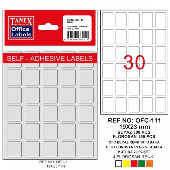 Tanex Ofis Etiketi Poşetli 19x23 MM Beyaz OFC-111
