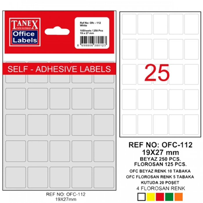 Tanex Ofis Etiketi Poşetli 19x27 MM Beyaz OFC-112