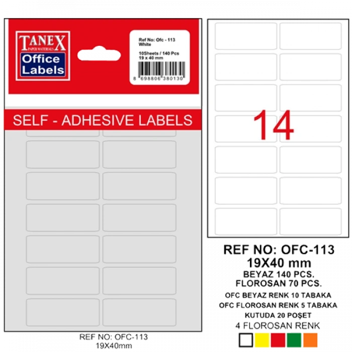Tanex Ofis Etiketi Poşetli 19x40 MM Beyaz OFC-113