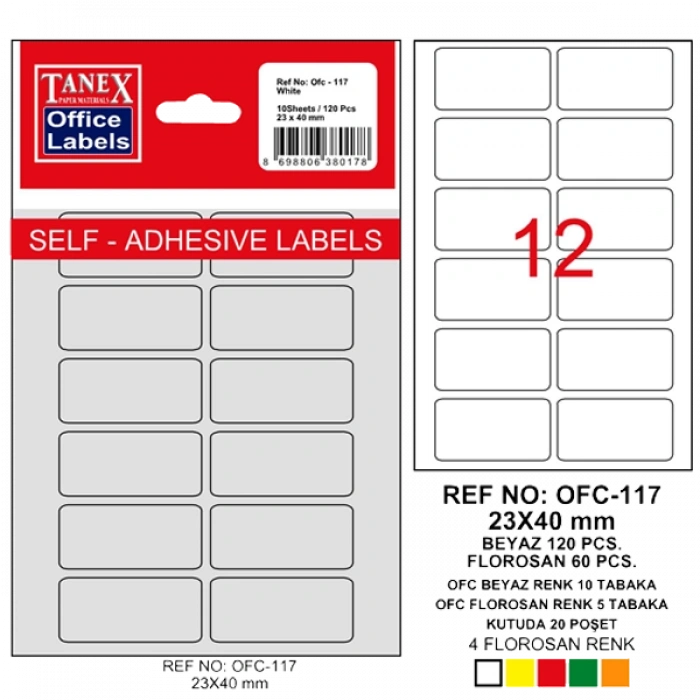 Tanex Ofis Etiketi Poşetli 23x40 MM Beyaz OFC-117