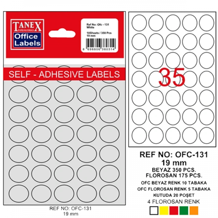 Tanex Ofis Etiketi Poşetli Yuvarlak 19 MM Beyaz OFC-131