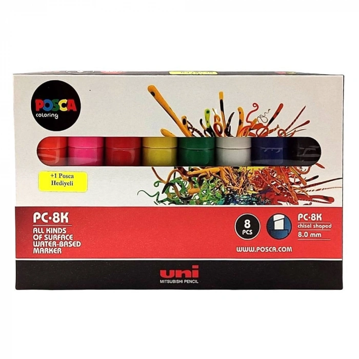 Uni-Ball Posca 8.0 Su Bazlı Poster Markörü Ana Renkler 7+1 PC-8K 8P