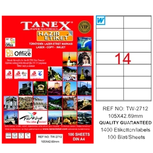 Tanex Laser Etiket 100 YP 105x42.69 Laser-Copy-Inkjet TW-2712