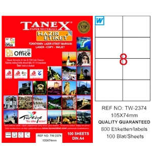 Tanex Laser Etiket 100 YP 105x74.25 Laser-Copy-Inkjet TW-2374