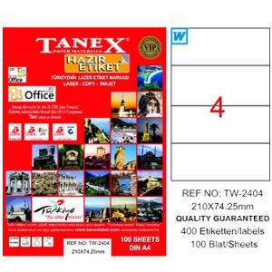 Tanex Laser Etiket 100 YP 210x74.25 Laser-Copy-Inkjet TW-2404