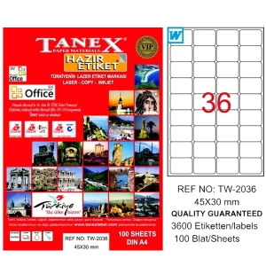 Tanex Laser Etiket 100 YP 45x30 Laser-Copy-Inkjet TW-2036