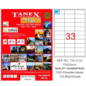 Tanex Laser Etiket 100 YP 70x25 Laser-Copy-Inkjet TW-2133