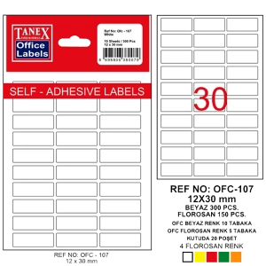 Tanex Ofis Etiketi Poşetli 12x30 MM Beyaz OFC-107