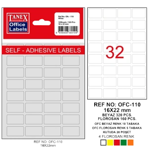 Tanex Ofis Etiketi Poşetli 16x22 MM Beyaz OFC-110
