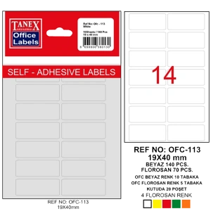 Tanex Ofis Etiketi Poşetli 19x40 MM Beyaz OFC-113