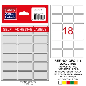 Tanex Ofis Etiketi Poşetli 22x32 MM Beyaz OFC-116