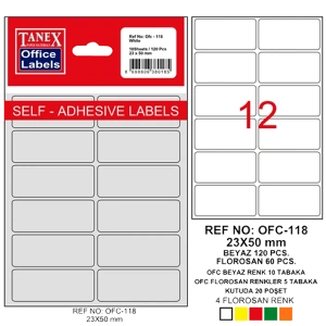 Tanex Ofis Etiketi Poşetli 23x50 MM Beyaz OFC-118