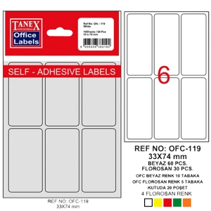 Tanex Ofis Etiketi Poşetli 33x74 MM Beyaz OFC-119