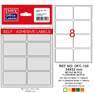 Tanex Ofis Etiketi Poşetli 34x55 MM Beyaz OFC-120