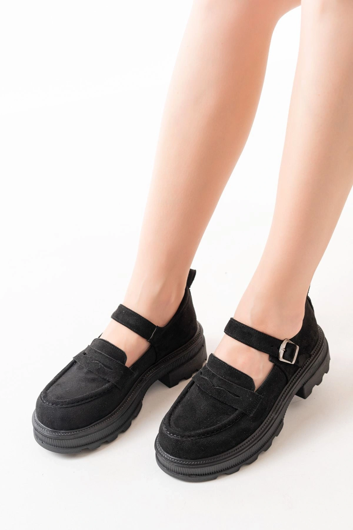 Siyah Süet Kadın Günlük Yüksek Tabanlı Loafer Ayakkabı