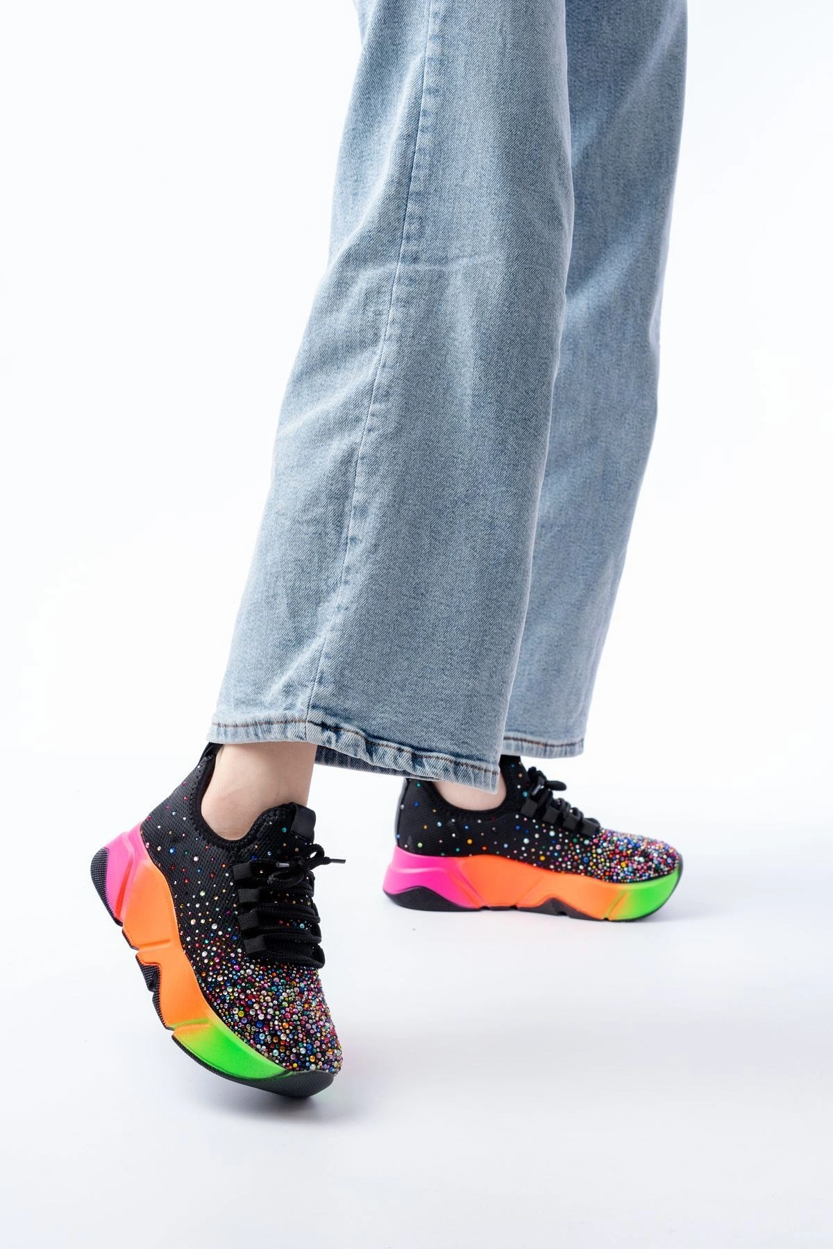 RS-403 Siyah Bağcıklı Fileli Multi Taşlı Renkli Taban Günlük Kadın Spor