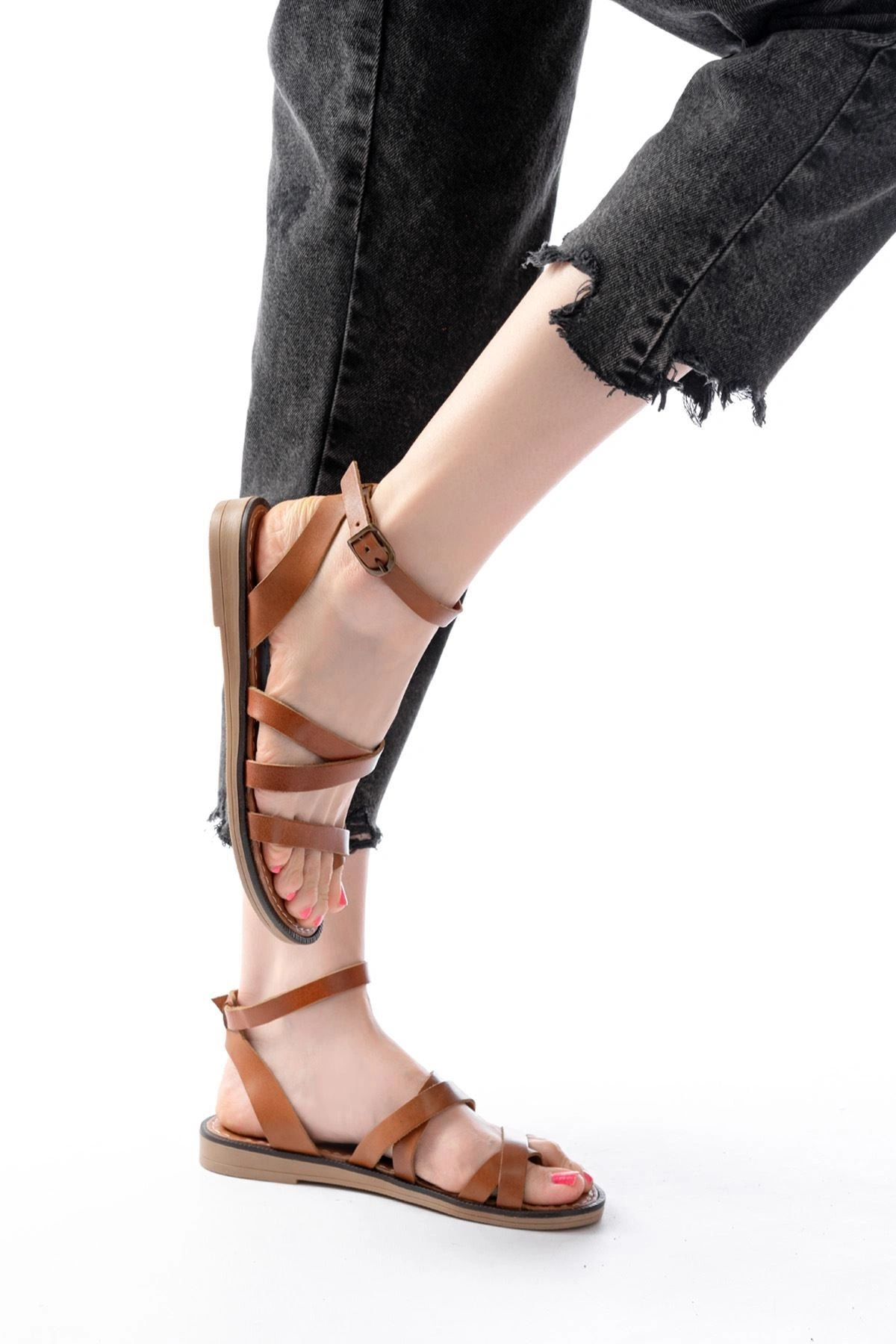 205-209 Taba Hakiki Deri Tokalı Parmak Arası Kadın Sandalet