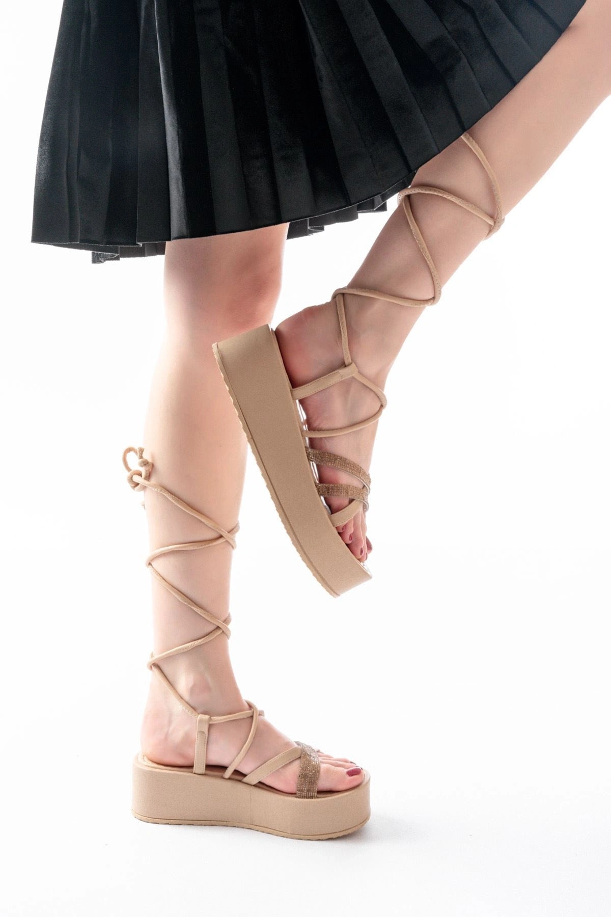 861-1010 Nut Rose Taşlı Bilekten Bağlamalı Kadın Sandalet