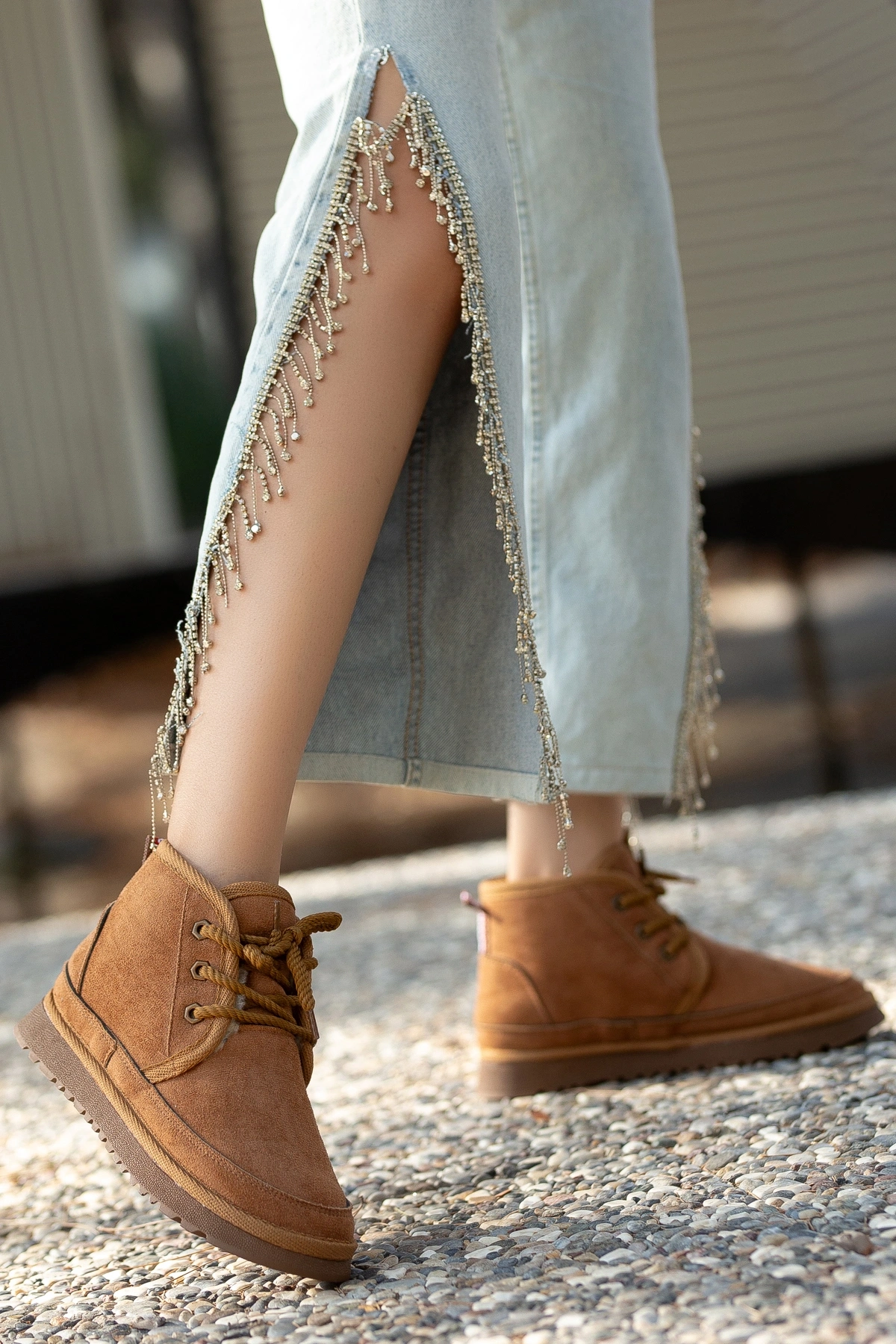 Mini İçi Kürk Astarlı Taba Alçak Taban Bağcıklı Rahat Kadın Bot