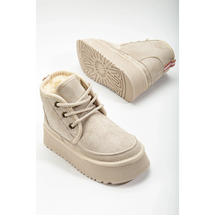 Lady İçi Kürklü Kalın Taban Bağcıklı Bej Ten Rahat Kadın Bot