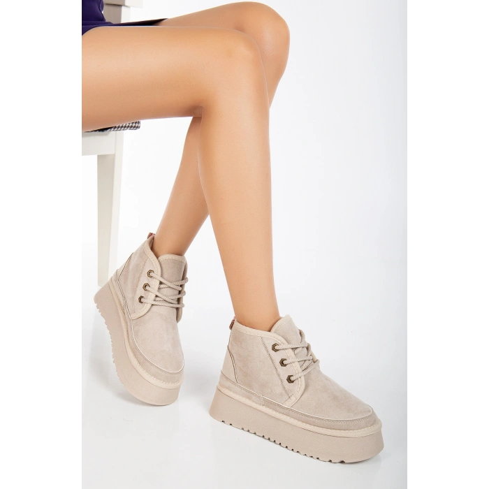 Lady İçi Kürklü Kalın Taban Bağcıklı Bej Ten Rahat Kadın Bot