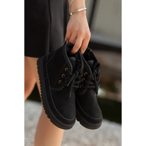 Mini İçi Kürk Astarlı Siyah Alçak Taban Bağcıklı Rahat Kadın Bot