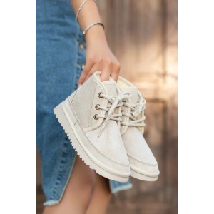 Mini İçi Kürk Astarlı Bej Alçak Taban Bağcıklı Rahat Kadın Bot