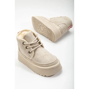 Lady İçi Kürklü Kalın Taban Bağcıklı Bej Ten Rahat Kadın Bot