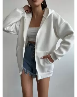 Beyaz 3 iplik İçi Şadonlu Fermaurlı Sweatshirt