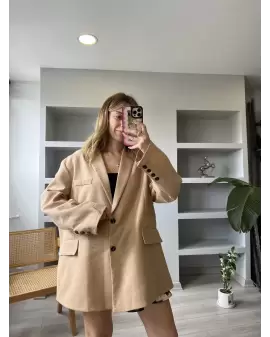 Camel 2 Düğmeli Salaş Keten Ceket