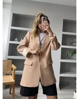 Camel Tek Düğme Salaş Astarlı Ceket