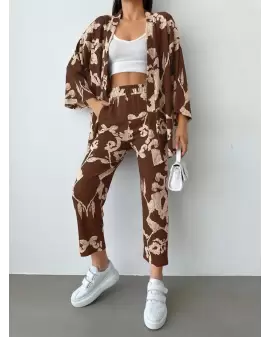 Kahverengi Desenli Kimono Takım