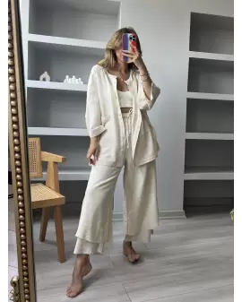Taş %100 Keten Gömlek Pantolon Takım
