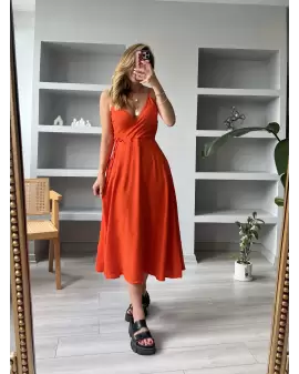 Turuncu Askılı Kruvaze Ayrobin Elbise