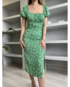 Yeşil Çiçek Desenli Yırtmaçlı Elbise