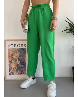 Yeşil Çima Detaylı Keten Pantolon
