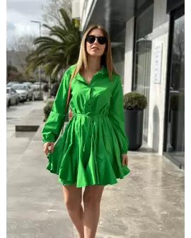 Yeşil Etek Ucu Volanlı İp Kemerli Elbise