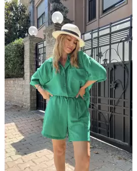 Yeşil Şortlu Kısa Kol Gömlek Keten Takım