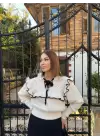 Ekru Fırfırlı Selanik Örgü Triko Kazak