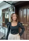 Siyah Deri Detaylı Prenses Kol Bluz