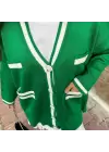 Yeşil Beyaz Şeritli Triko Hırka