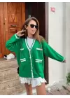 Yeşil Beyaz Şeritli Triko Hırka
