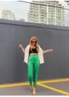 Yeşil Fermuar Yırtmaç Detaylı Deri Pantolon