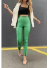 Yeşil Fermuar Yırtmaç Detaylı Deri Pantolon