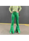Yeşil İspanyol Paça Yüksek Bel Yırtmaç Detaylı Deri Pantolon