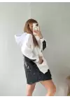 Beyaz Siyah Kapitone Detaylı Kapüşonlu Tunik Sweatshirt