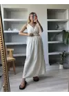 Beyaz V Yaka Uzun Astarlı Keten Elbise