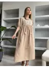 Camel Keten Dantel Detaylı Keten Elbise