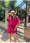 Fuşya Şortlu Kısa Kol Gömlek Keten Takım